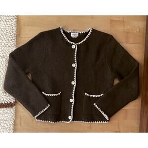 Song Of Style Brown White Whipstitch Crewneck Cardigan Sweater M